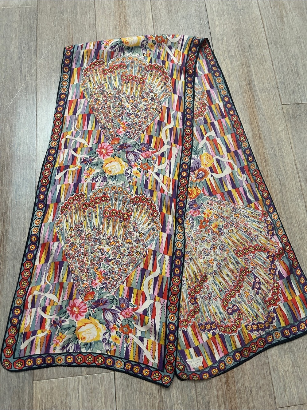 VTG Silk Liberty of London Made In England Vibrant Floral Fan Print Long Scarf - Picture 3 of 16